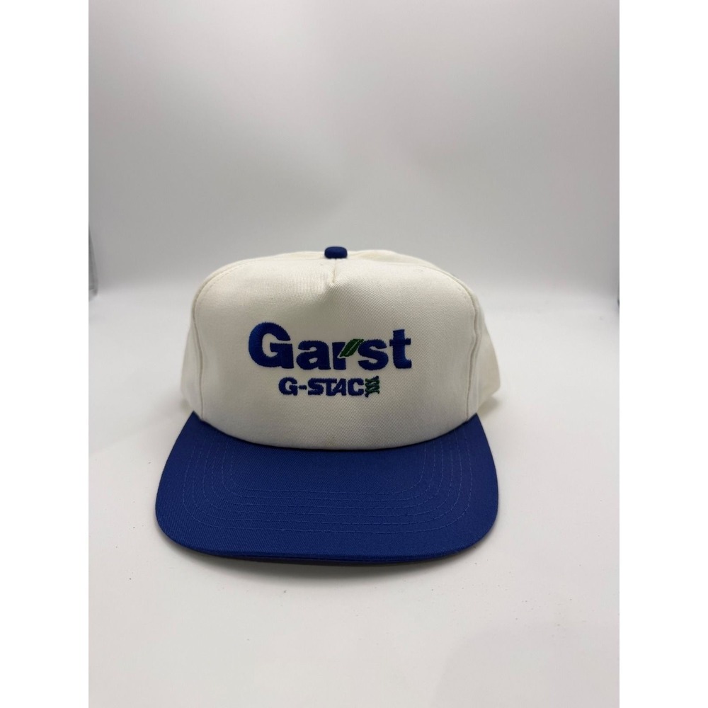 Vintage Garst G-STAC Seed Company Snapback Hat White Blue Trucker Cap
